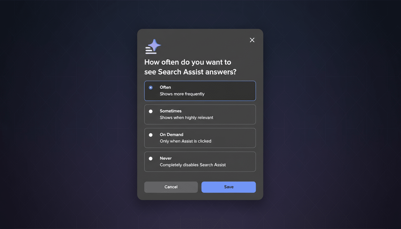 A dark mode pop-up window titled How often do you want to see Search Assist answers? with four options: Often, Sometimes, On Demand, and Never. Often is selected. Below are Cancel and Save buttons. The background is a professional flat design with soft patterns and gradients.