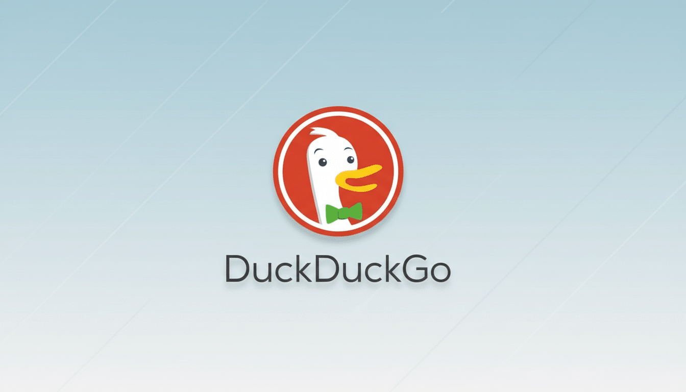 The DuckDuckGo logo, featuring a white duck wearing a green bow tie inside a red circle, centered on a professional light blue gradient background with subtle diagonal line patterns.