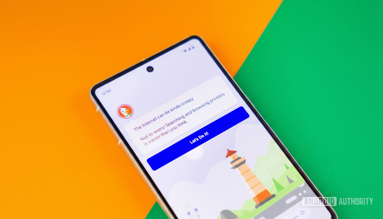 A smartphone displaying a privacy-focused app interface, set against a vibrant orange and green background.