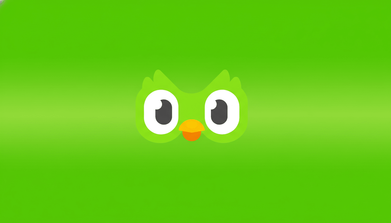 The Duolingo owl logo, Duo, centered on a green background with a subtle gradient, resized to a 16:9 aspect ratio.