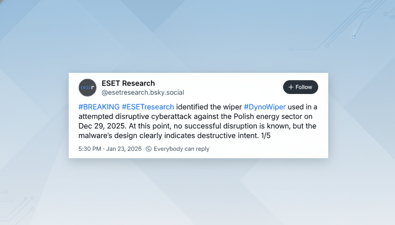 A screenshot of a tweet from ESET Research about the DynoWiper malware, presented on a professional flat design background with soft patterns.