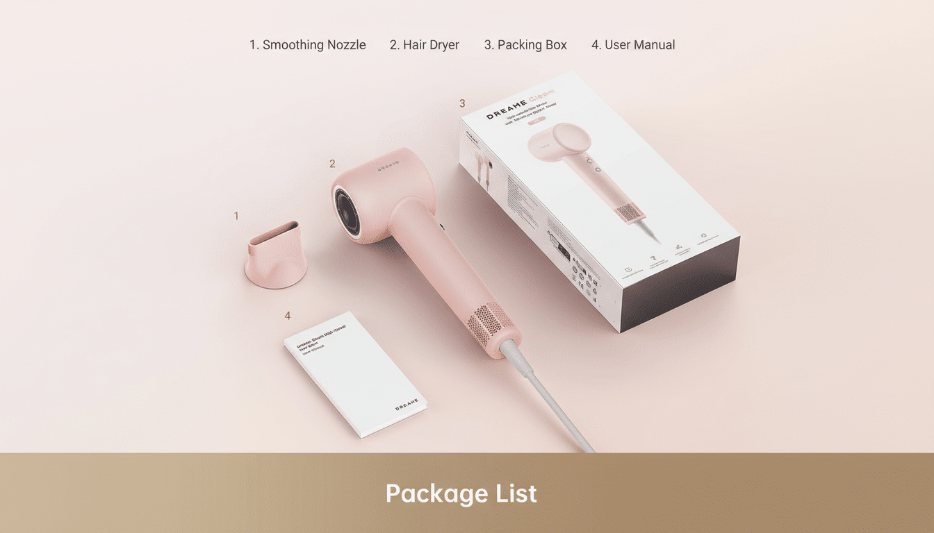 A pink hair dryer, smoothing nozzle, packing box, and user manual are displayed on a light pink surface with a Package List banner at the bottom.