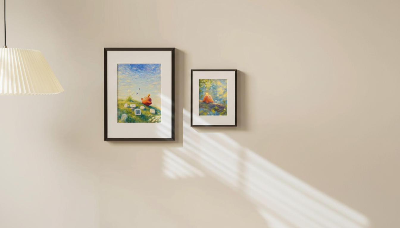 Two framed artworks, one larger and one smaller, hanging on a light beige wall, with a white pleated lamp shade visible on the left and sunlight casting diagonal shadows across the wall.
