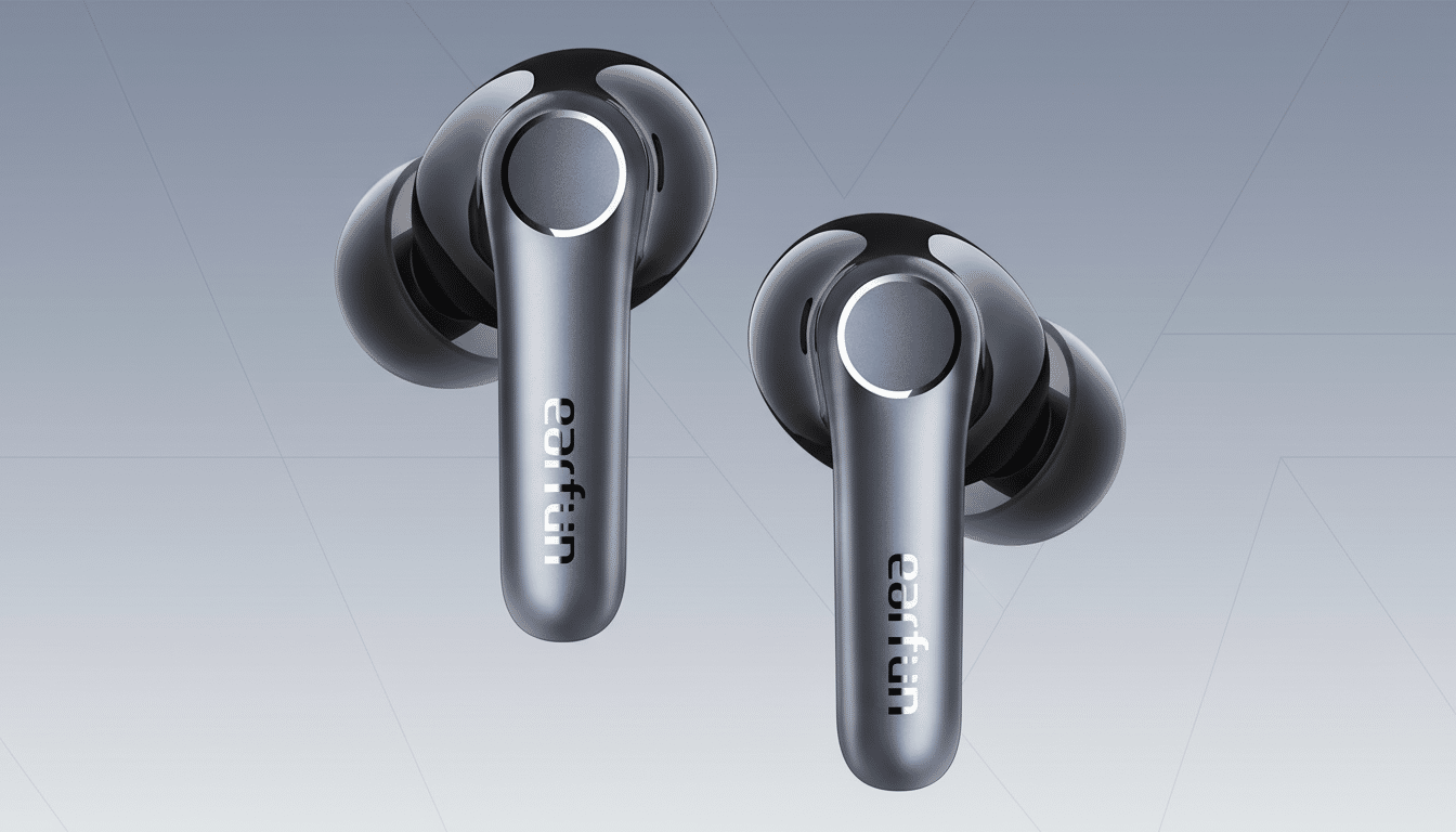 A pair of black and gray Earfun wireless earbuds are presented against a professional flat design background with soft gradients.