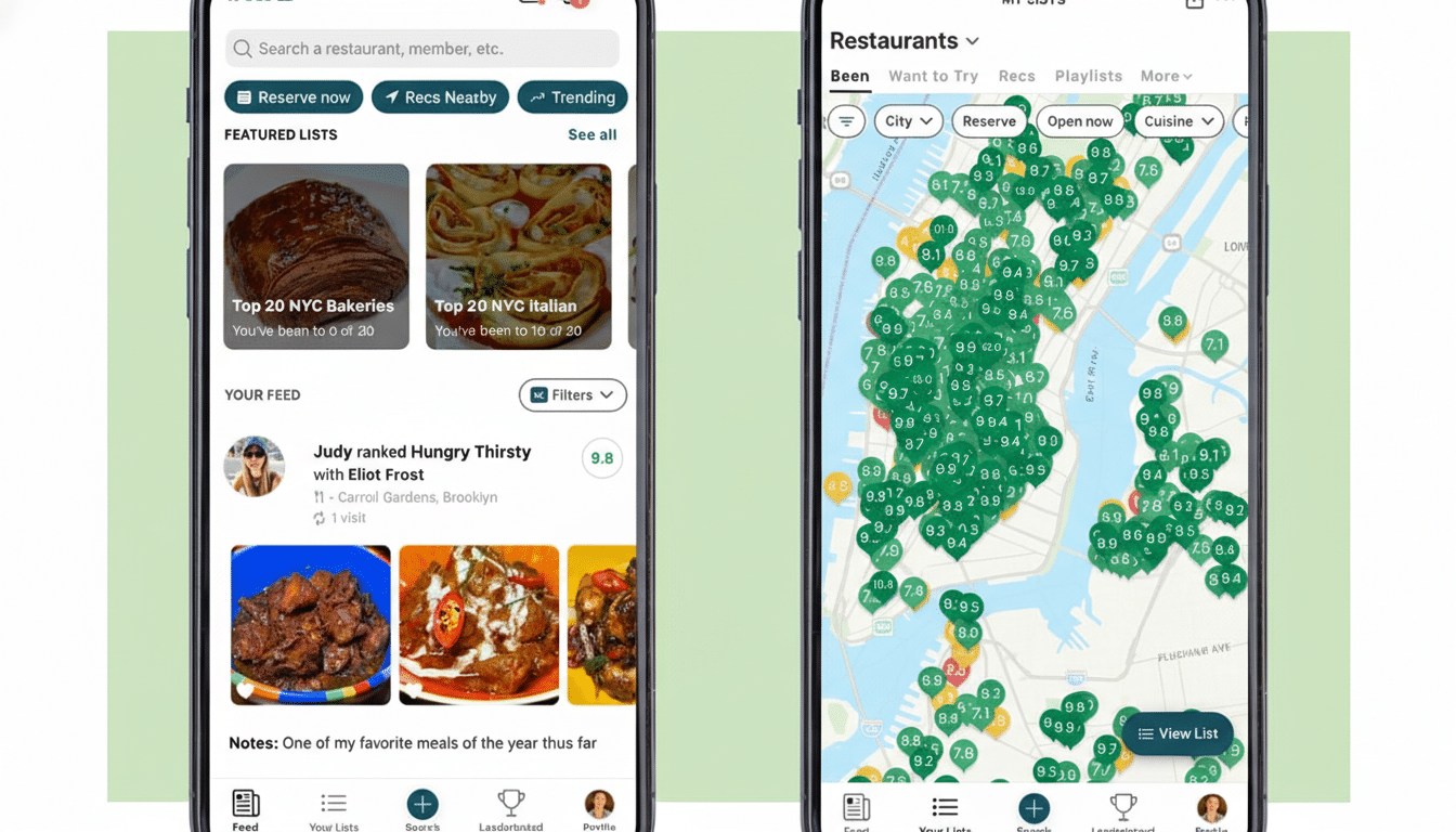 A 16:9 aspect ratio image showing two mobile phone screens displaying a restaurant discovery app. The left screen shows a feed with featured lists like Top 20 NYC Bakeries and Top 20 NYC Italian, user activity, and food photos. The right screen displays a map of New York City with numerous green pins indicating restaurant ratings.