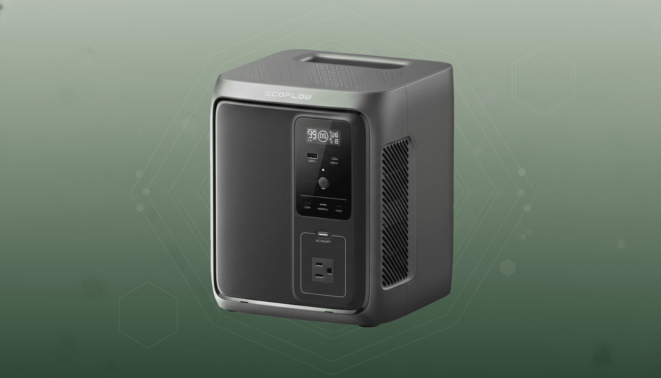 A dark gray EcoFlow portable power station is centered on a professional green background with subtle geometric patterns.