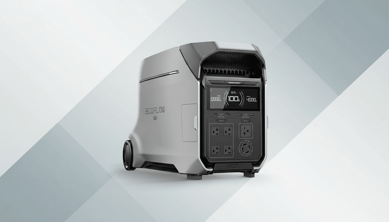 A professional, enhanced image of a gray EcoFlow portable power station with a display showing 100% battery, set against a clean, light gray background with subtle geometric patterns.
