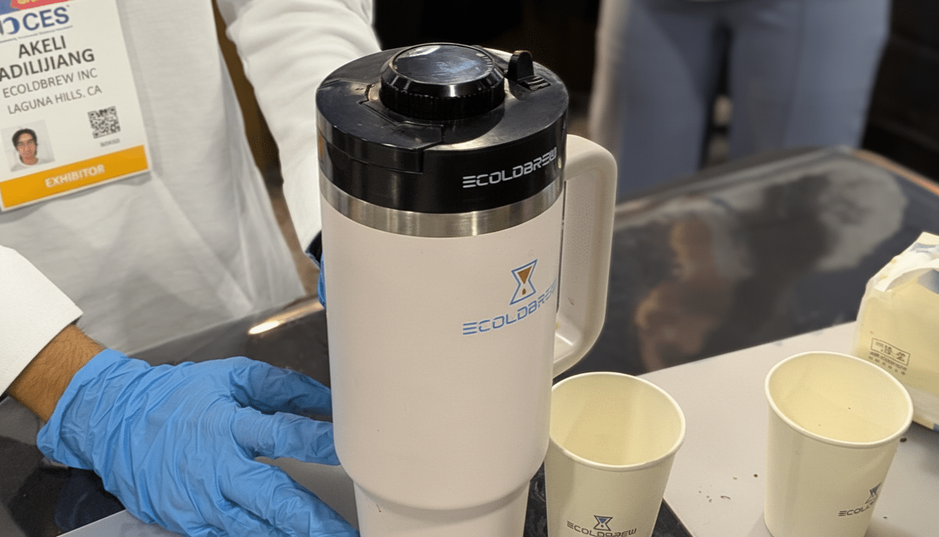 A person in a white lab coat and blue gloves stands next to a white and black ECOLDBREW coffee maker, with two white cups on the table.
