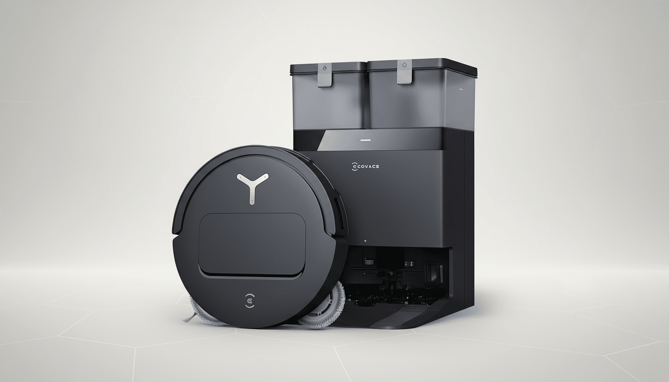 A dark gray Ecovacs robot vacuum and its charging/emptying station are presented on a professional light gray background with subtle geometric patterns.