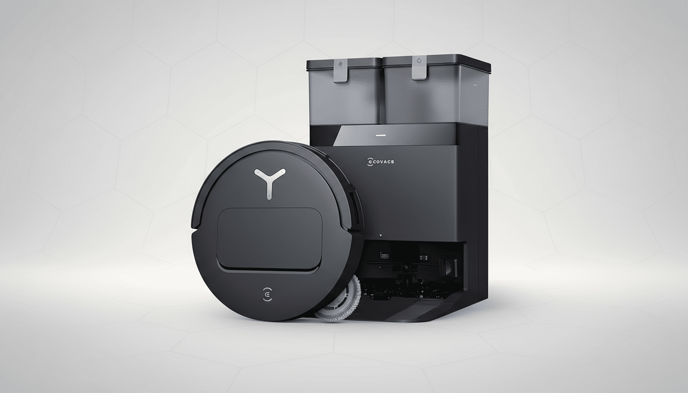 A dark gray robotic vacuum cleaner and its charging station are presented on a professional flat design background with soft hexagonal patterns.