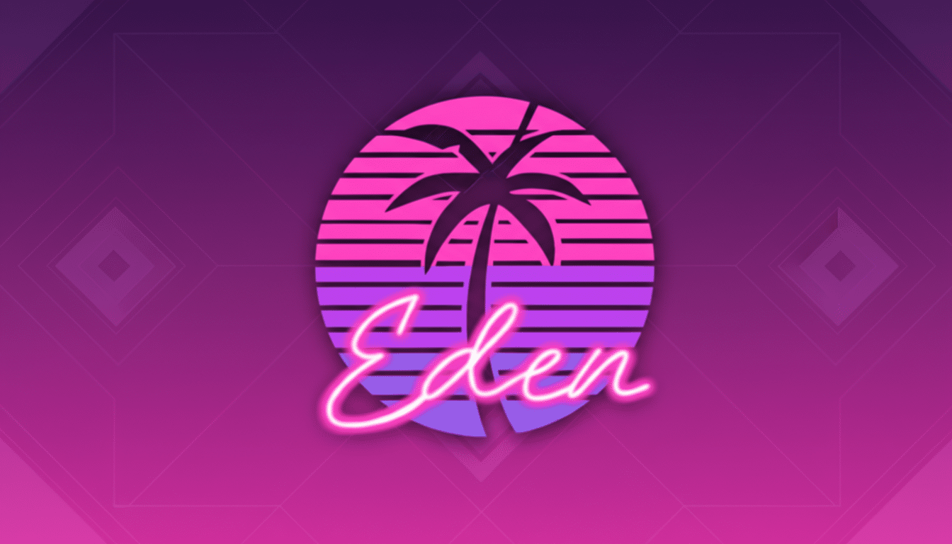 The Eden logo, featuring a palm tree silhouette against a pink and purple striped sunset, is presented on a professional 16:9 aspect ratio background with a soft purple gradient and subtle geometric patterns.