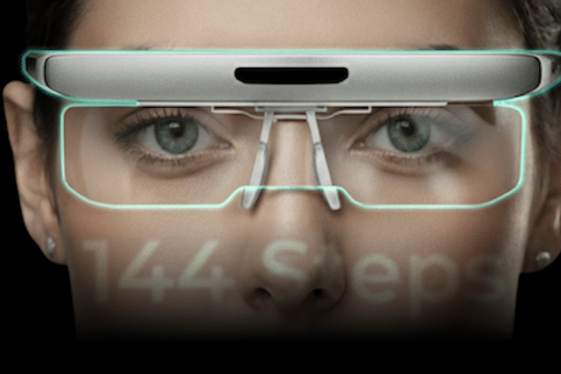 A close-up of a person wearing smart glasses, with 144 Steps projected onto the lenses.
