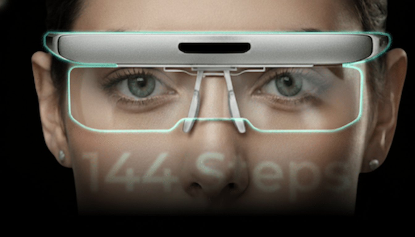A close-up of a person wearing smart glasses, with 144 Steps projected onto the lenses.