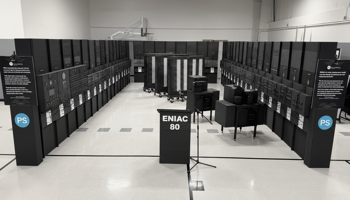 A wide shot of a room filled with large, black, modular computer units, resembling the historic ENIAC computer. In the center, a black podium displays ENIAC 80. Two informational stands with PS logos are visible on either side of the room.