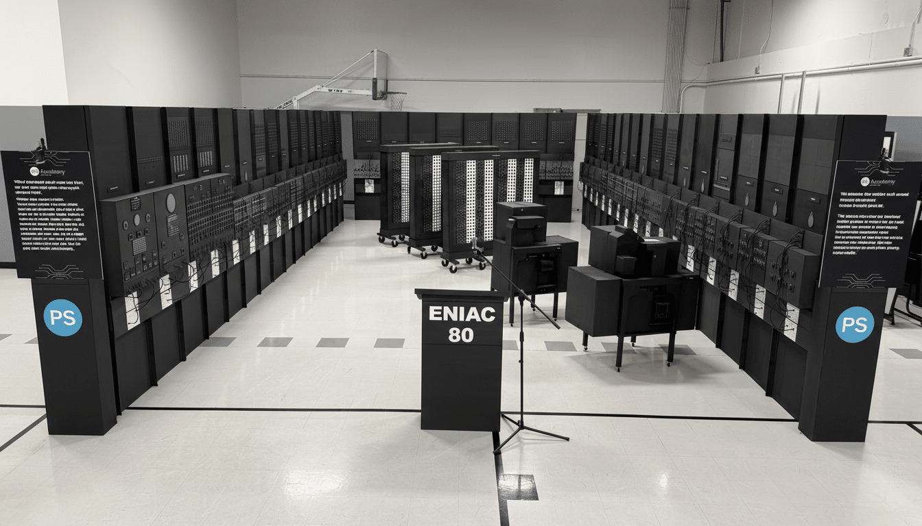 A wide shot of a room filled with large, black, modular computer units, resembling the historic ENIAC computer. In the center, a black podium with ENIAC 80 written in white stands. Two informational display boards with text and a PS logo are visible on either side of the room. The floor is a light-colored gym floor with black lines, and a basketball hoop is visible in the background.