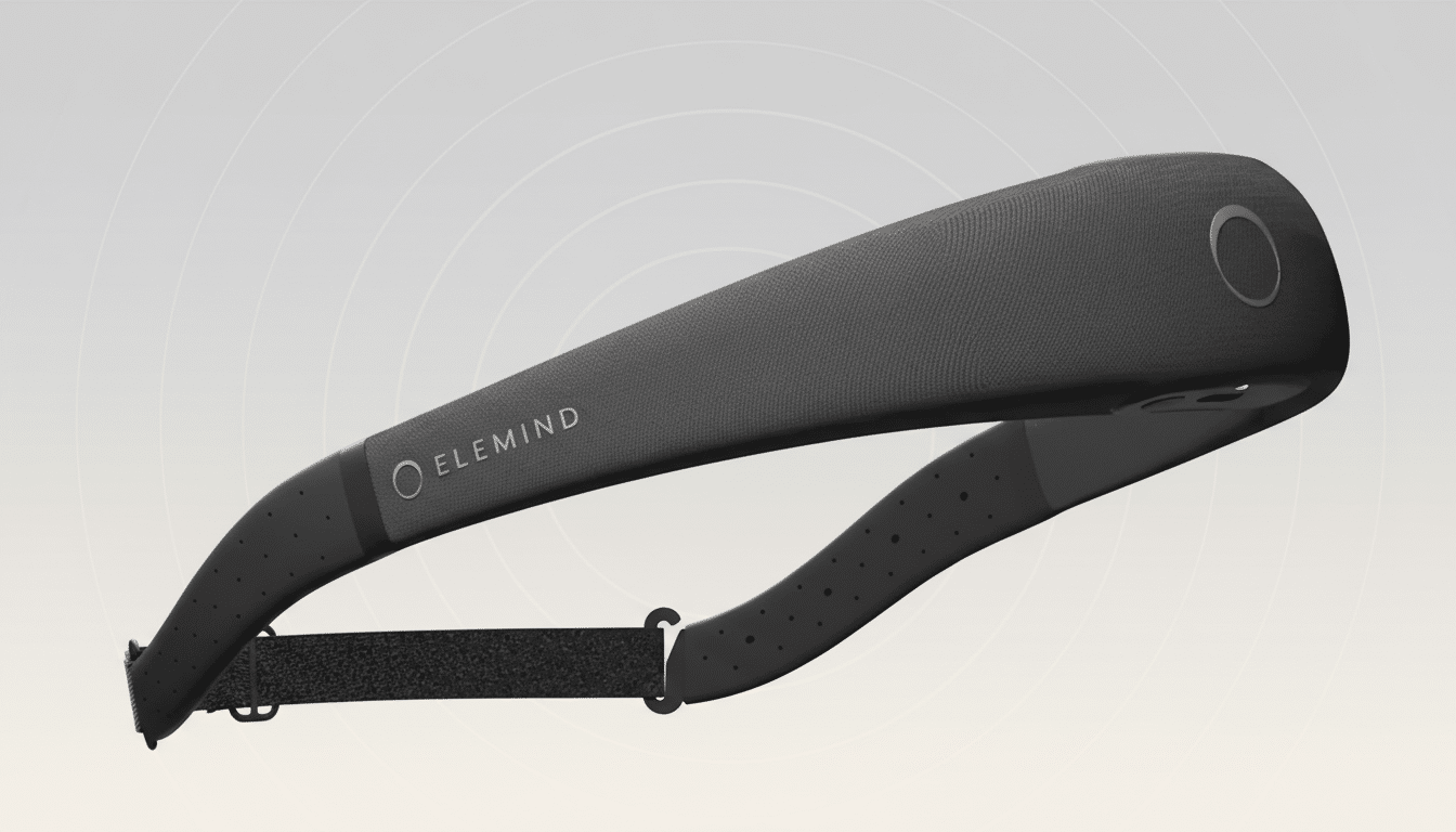 A dark gray EleMIND headband with a textured surface and a circular button on the side, presented on a subtle gradient background with faint circular patterns.