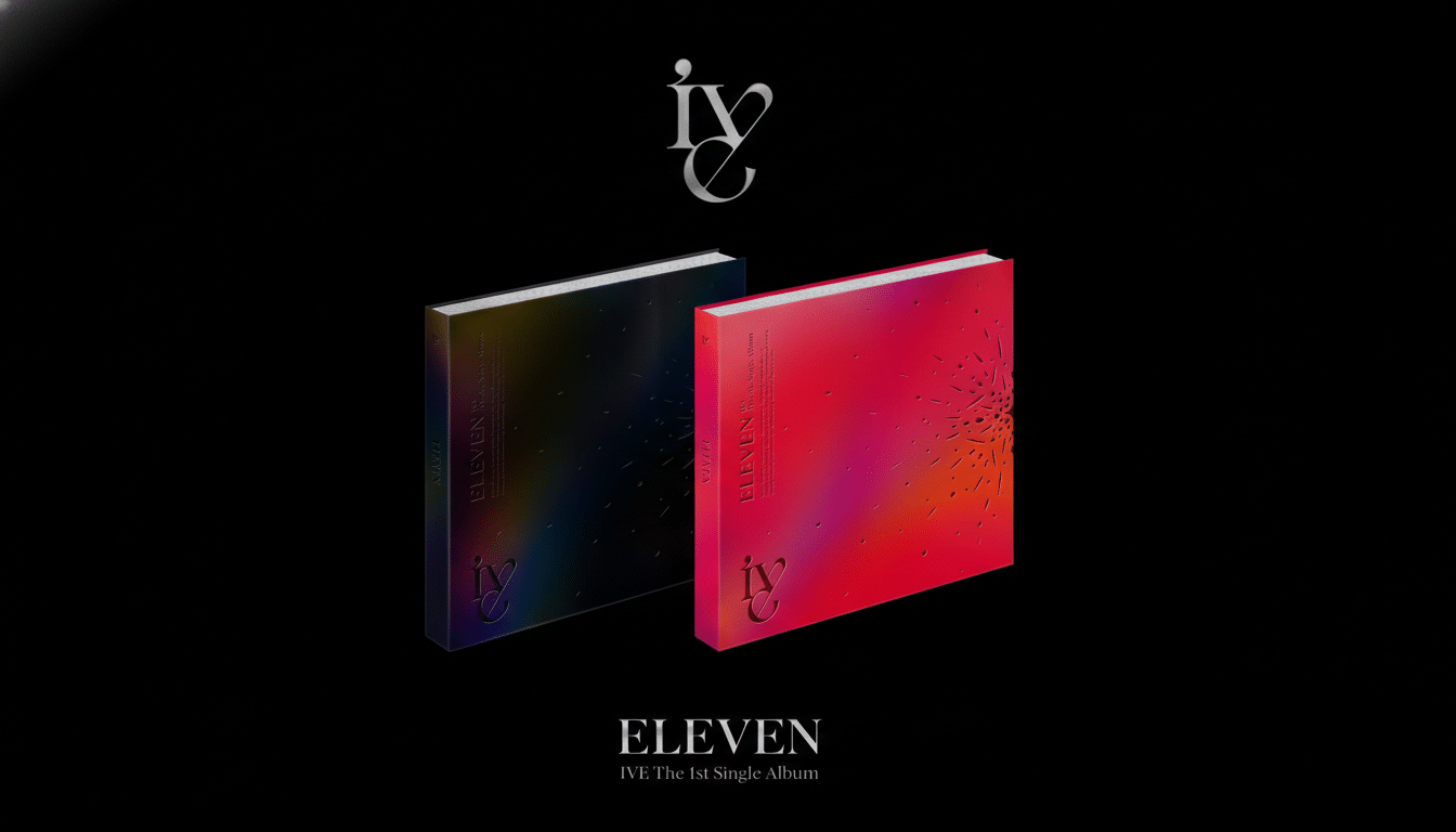 A 16:9 aspect ratio image featuring two album covers, one dark with a rainbow sheen and the other vibrant red with a textured pattern, both displaying the IVE logo and ELEVEN text, set against a black background.