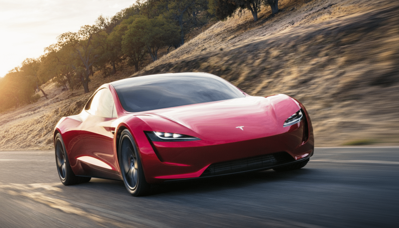 A red Tesla Roadster driving on a winding road with trees and hills in the background, resized to a 16:9 aspect ratio.