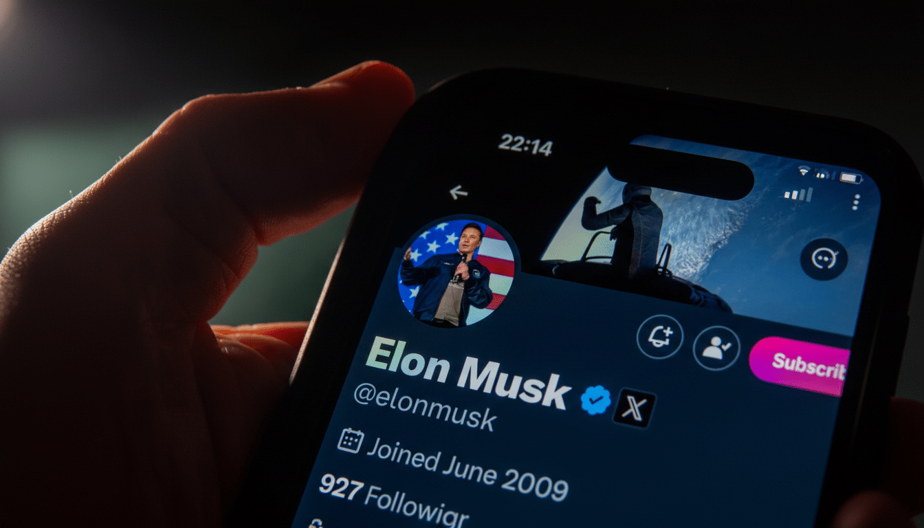 A close-up of a smartphone screen displaying Elon Musks X (formerly Twitter) profile, with his profile picture showing him in front of an American flag.