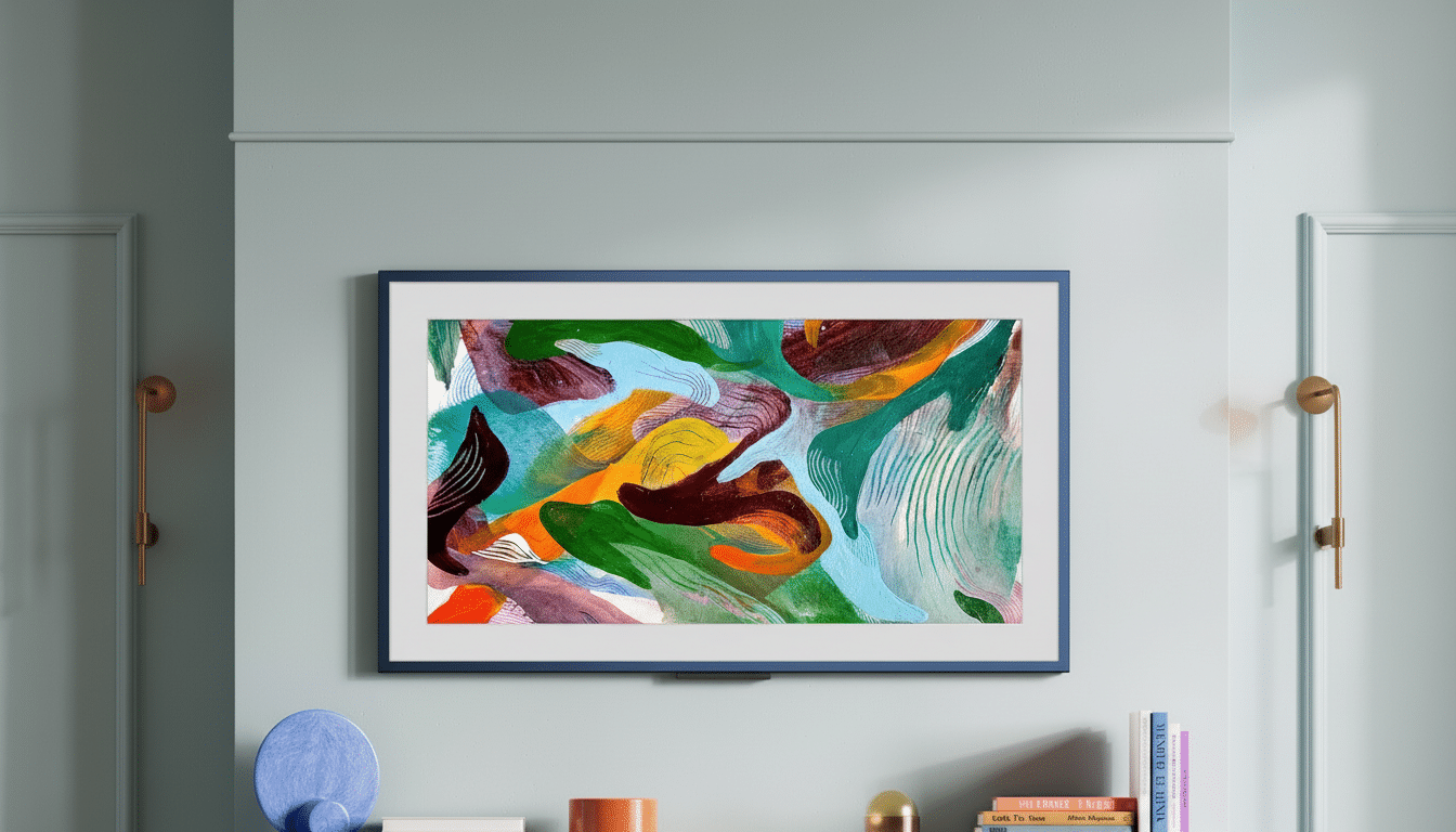 A television displaying abstract art, mounted above a fireplace with decorative objects and books on the mantelpiece.