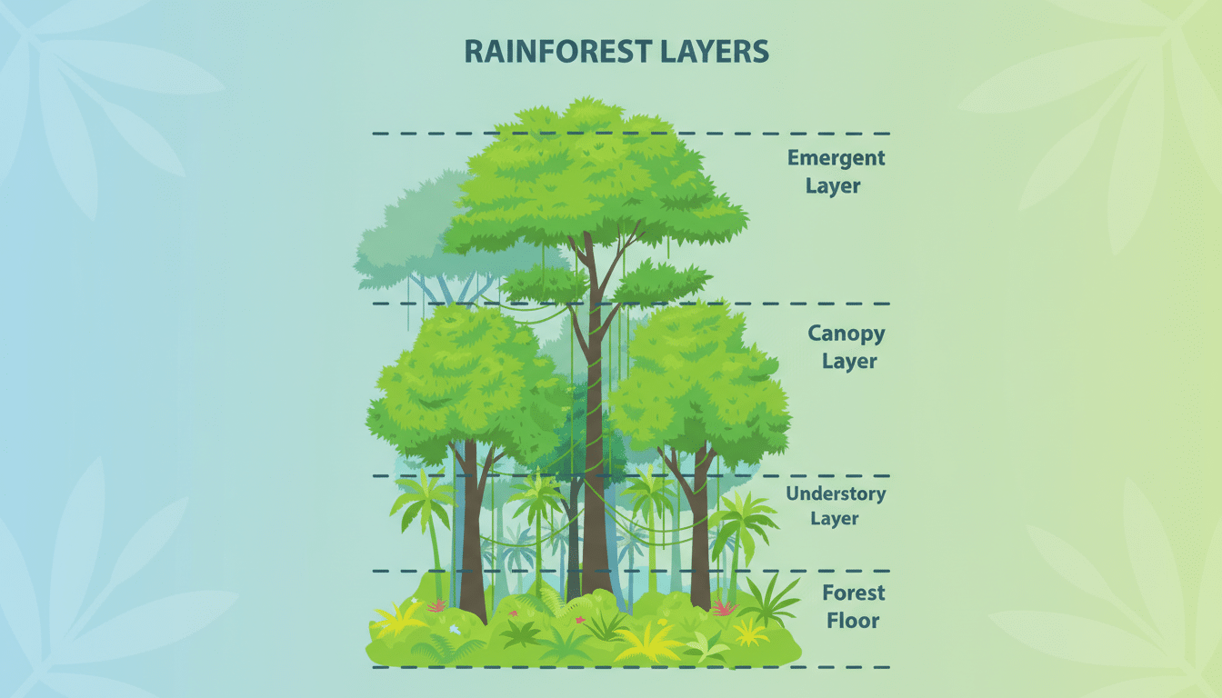 An illustration of the four layers of a rainforest: Emergent Layer, Canopy Layer, Understory Layer, and Forest Floor, with trees and plants representing each layer.