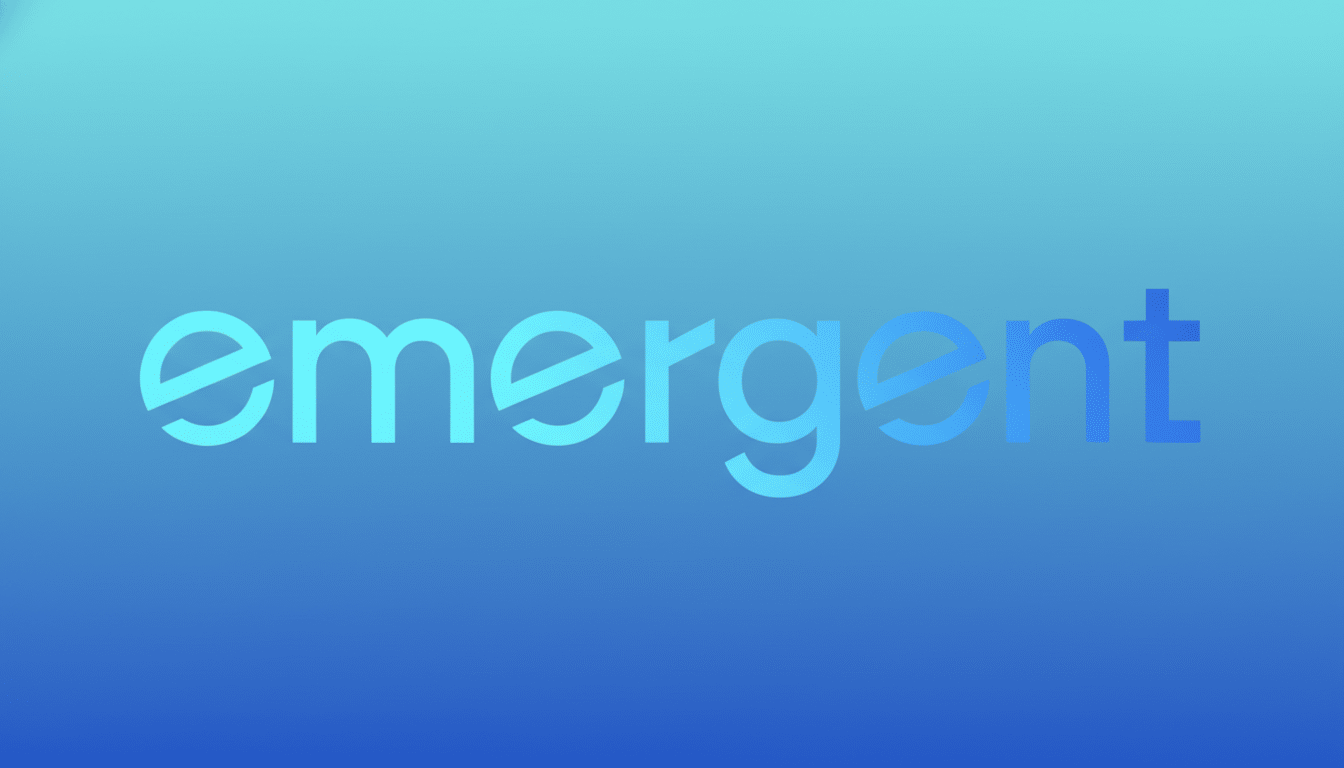 The word emergent in a blue and teal gradient, centered on a soft blue gradient background.