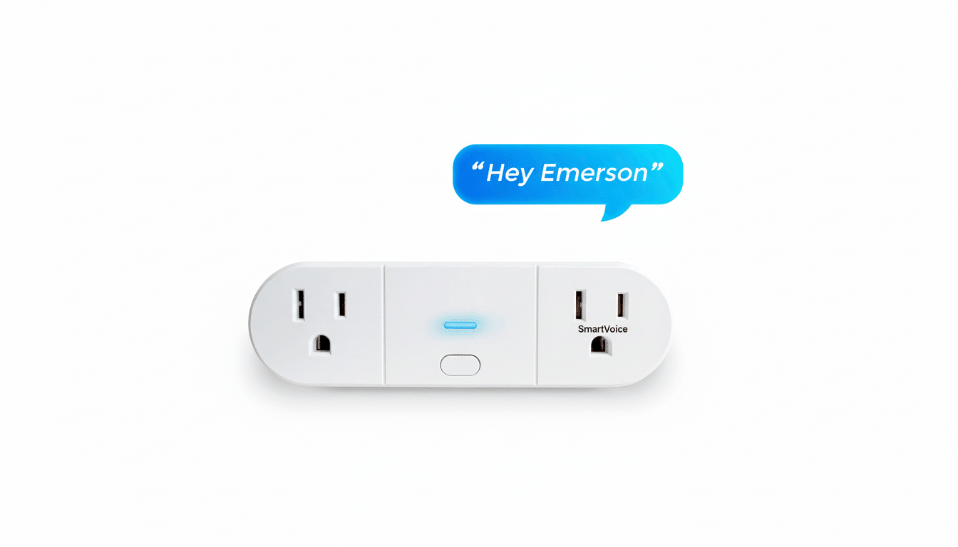 A white smart power strip with two outlets and a central button, with a blue speech bubble above it saying Hey Emerson, set against a clean white background.