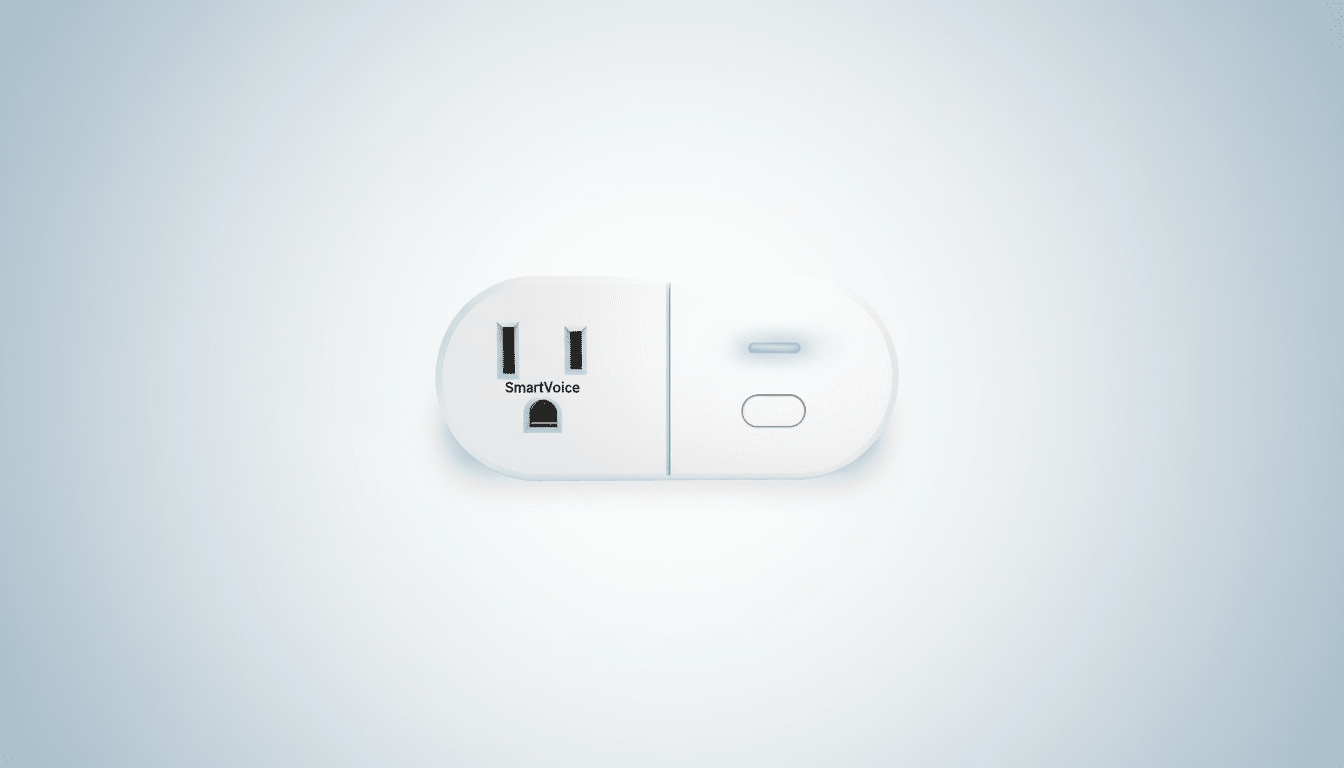 A white SmartVoice smart plug with a blue indicator light, presented on a professional light blue gradient background.