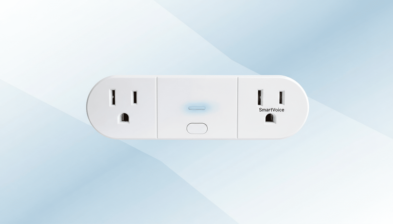 A white SmartVoice smart plug with two outlets and a blue indicator light, set against a professional light blue and white gradient background.