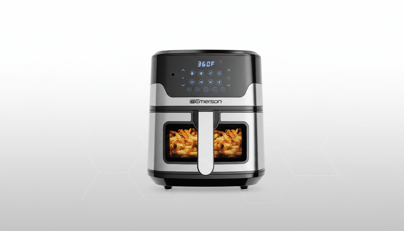 An Emerson air fryer with two compartments filled with french fries, set against a professional flat design background with soft patterns.