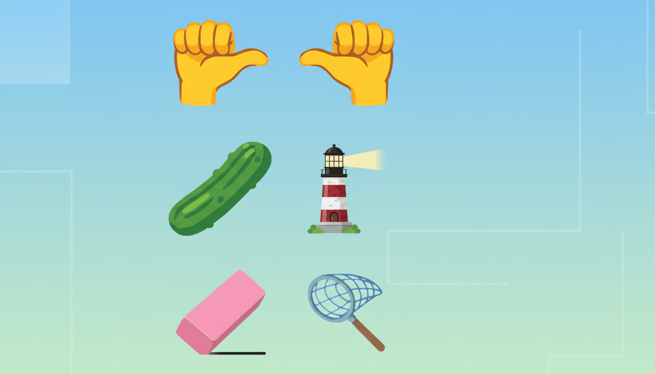 A 16:9 aspect ratio image featuring various emojis and icons on a professional flat design background with soft patterns and gradients. The emojis include two yellow hands pointing inwards, a green pickle, a red and white striped lighthouse with a light beam, a pink eraser, and a blue fishing net with a wooden handle.