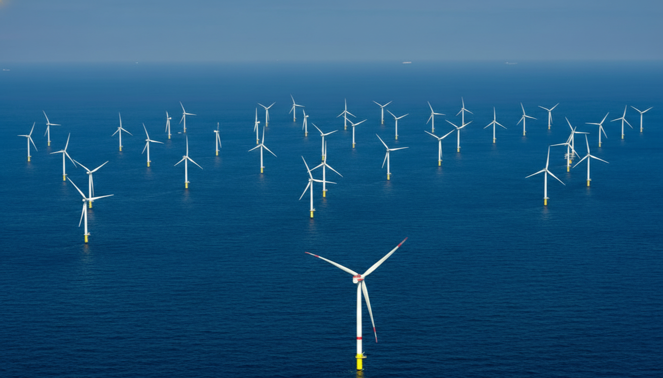 An aerial view of an offshore wind farm with numerous wind turbines extending across a vast expanse of deep blue ocean under a clear sky.