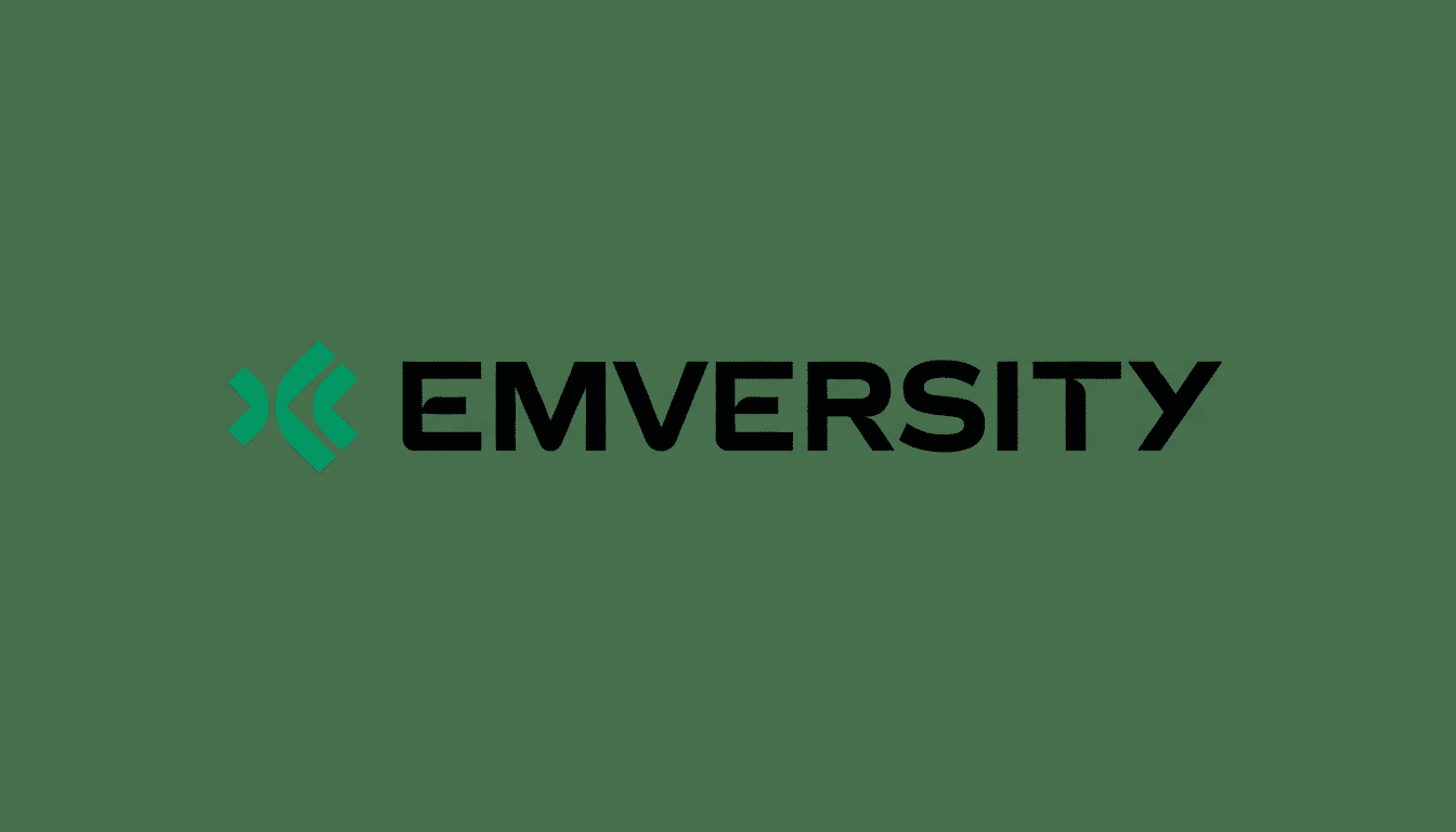 The Emversity logo, featuring a green abstract symbol resembling an arrow or folded ribbon to the left of the word EMVERSITY in black sans-serif font, all set against a solid dark green background.