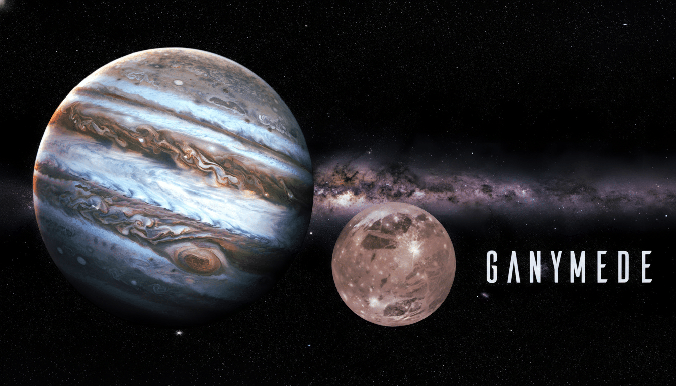 A celestial image featuring Jupiter on the left and its moon Ganymede on the right, set against a starry background with a visible galaxy.