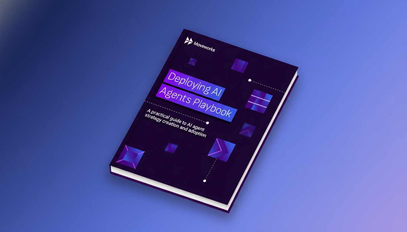 A book titled Deploying AI Agents Playbook with a dark purple cover featuring abstract geometric shapes and the Moveworks logo, set against a professional blue and purple gradient background.