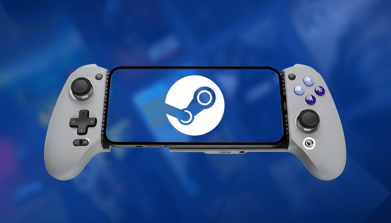 A gray mobile gaming controller with a smartphone displaying the white Steam logo on a blue background.