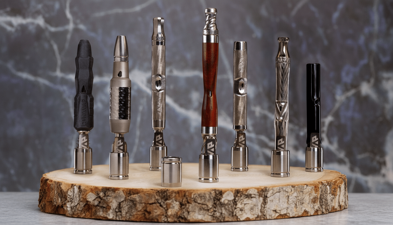 A collection of sleek, metallic vaporizers with various designs, including one with a wooden body, displayed on a rustic wooden slab against a dark, marbled background.
