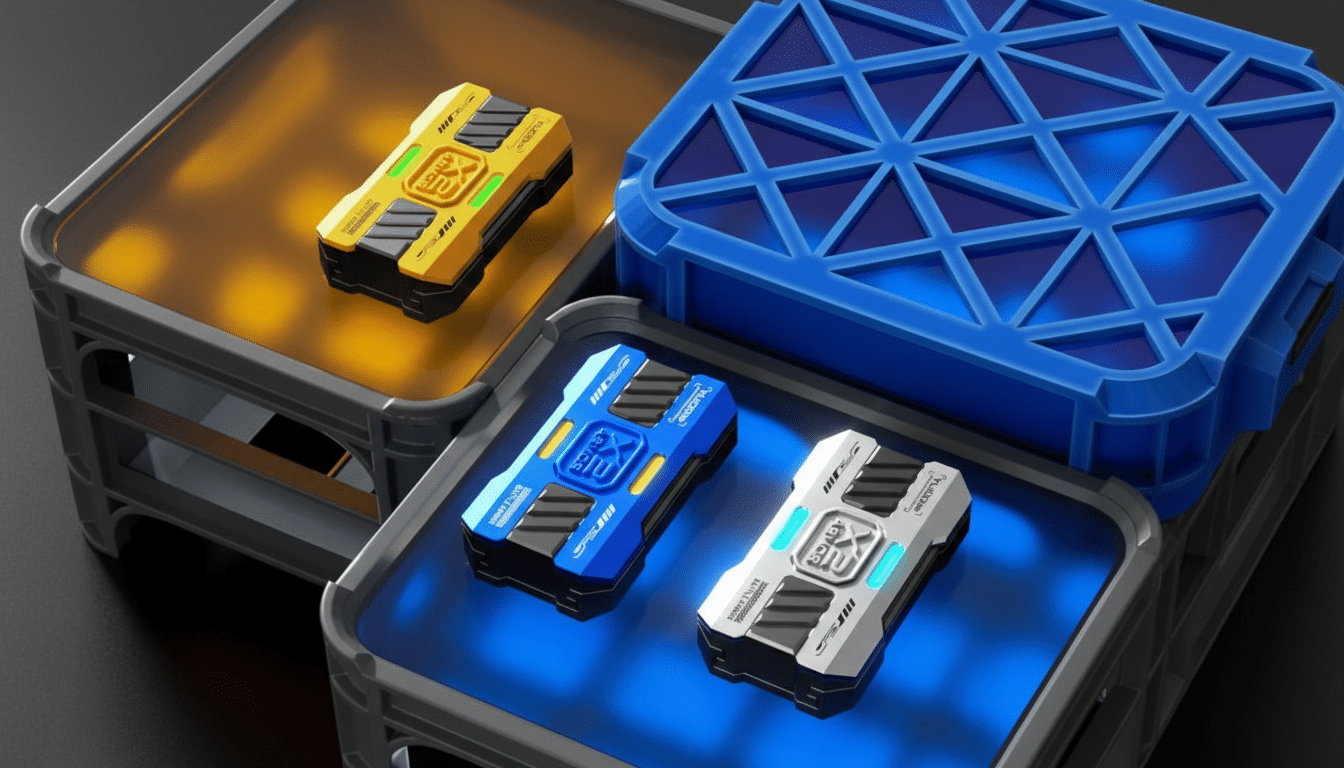 Three rectangular electronic devices, one yellow, one blue, and one white, are displayed on a dark surface with blue and orange translucent containers.