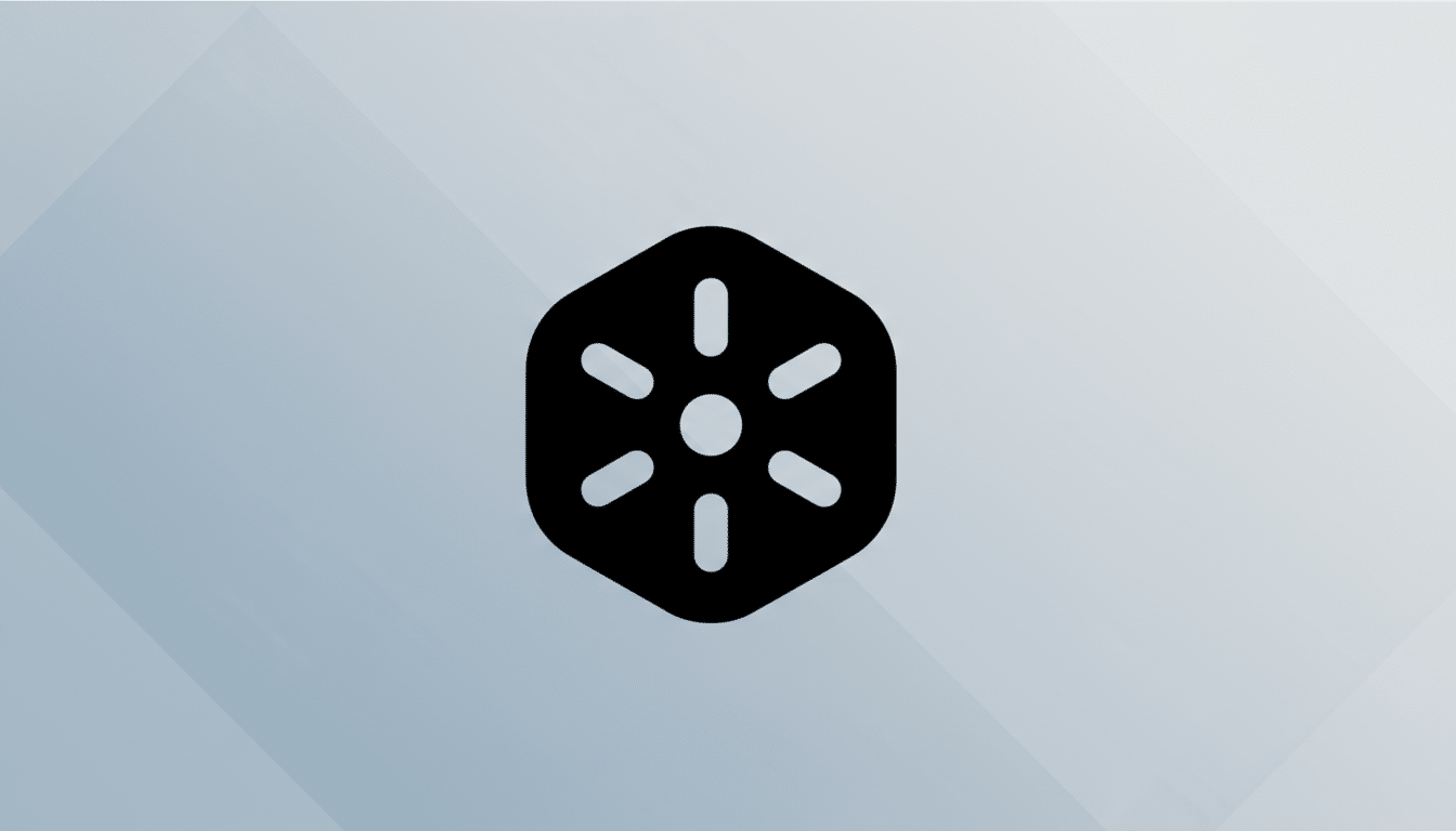 A black hexagonal icon with a central dot and six radiating dashes, set against a professional 16:9 aspect ratio background with soft gray gradients and subtle geometric patterns.