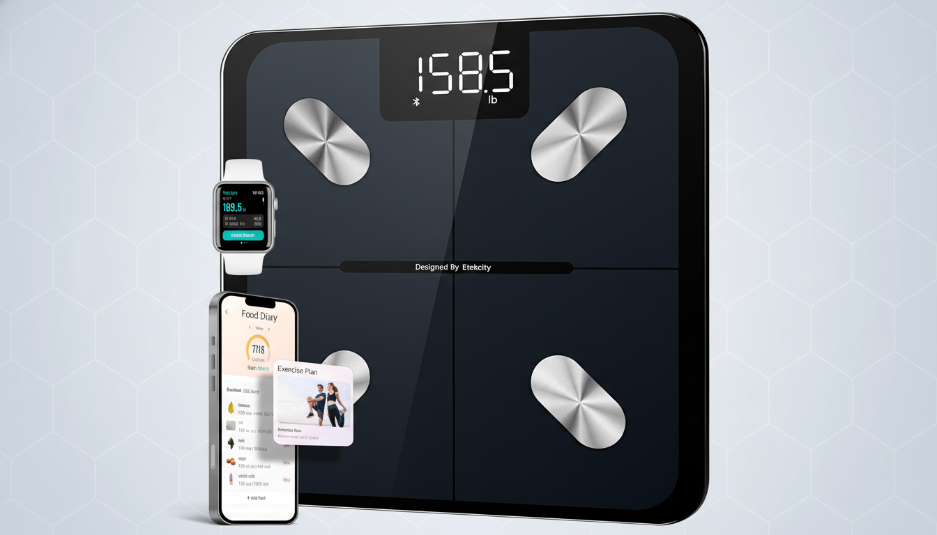 A black smart scale displaying 158.5 lb with a smartwatch showing 189.5 lb and a smartphone displaying a Food Diary app, all set against a professional flat design background with soft patterns.