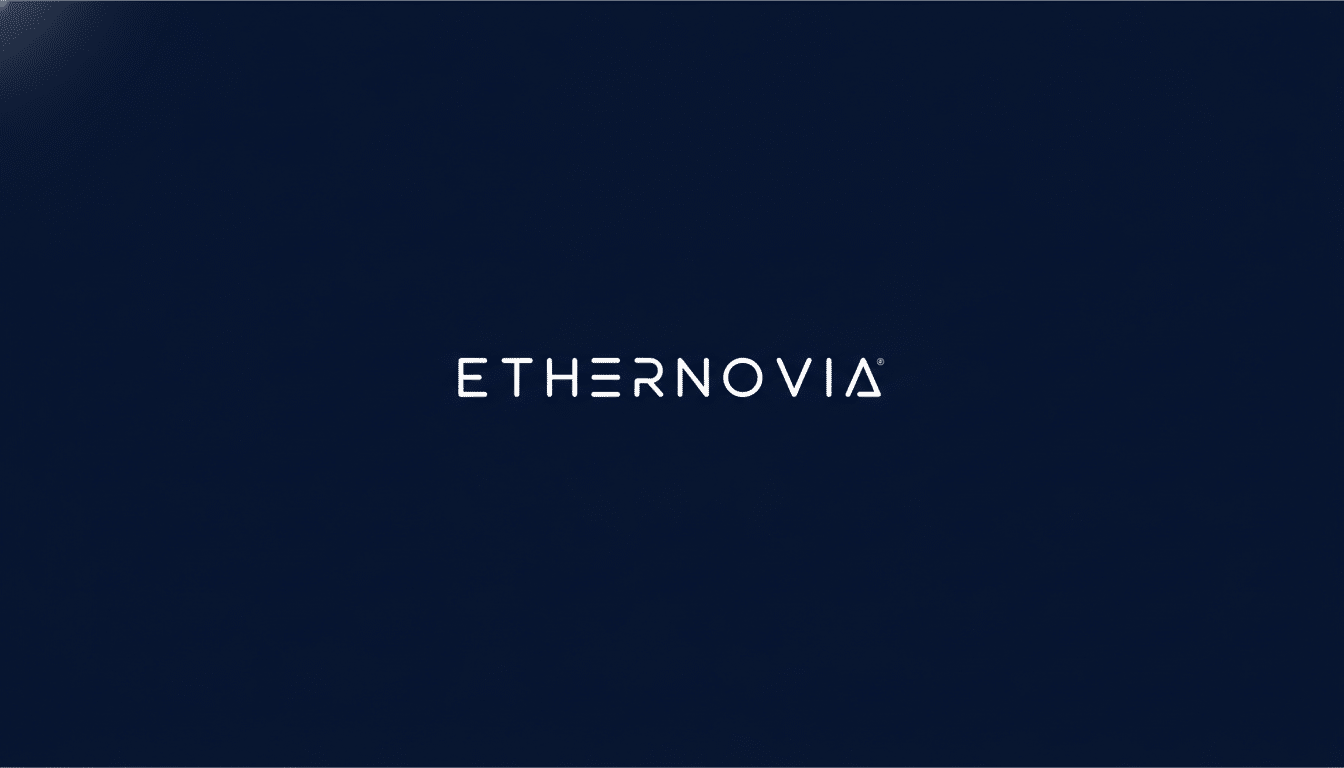 The ETHERNOVIA logo, in white sans-serif text, centered on a dark blue background with a subtle, soft gradient pattern in the top left corner.