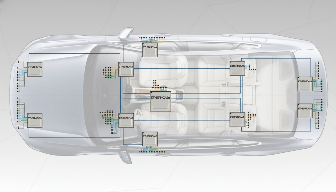 Ethernovia logo with AI chip graphic, $90M funding amid Physical AI investment boom