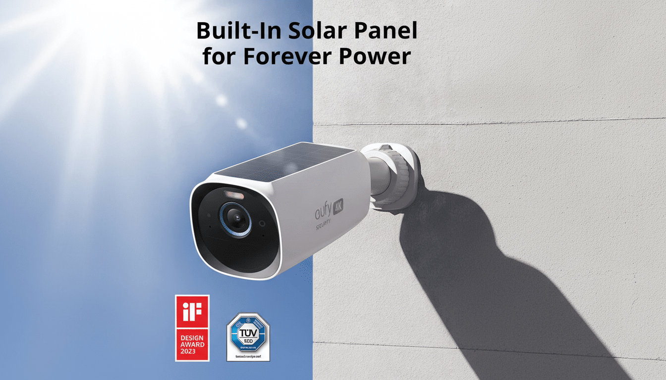 A white security camera with a built-in solar panel is mounted on a light grey wall, with a bright blue sky and sun in the background. The image also features Built-In Solar Panel for Forever Power text, and iF DESIGN AWARD 2023 and TÜV SÜD logos.