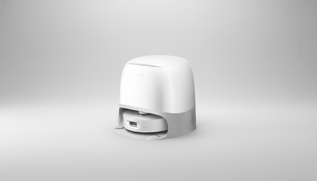 A white Roborock robot vacuum and its self-emptying dock are centered on a light gray background with a subtle geometric pattern.