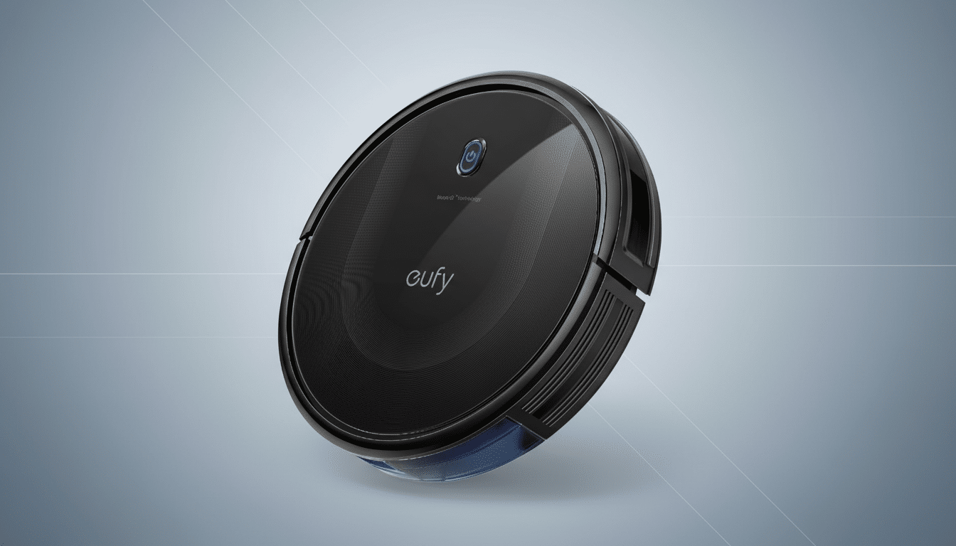 A black Eufy robotic vacuum cleaner is angled on a professional flat design background with soft gray gradients and subtle lines.