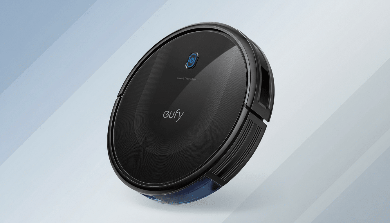 A black Eufy robot vacuum cleaner is presented at a slight angle on a professional flat design background with soft gray and blue gradients and subtle patterns.