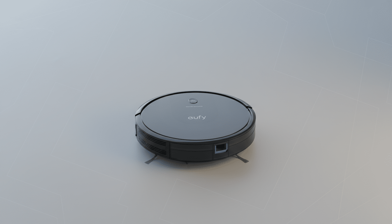 A black Eufy robotic vacuum cleaner is centered on a light gray background with subtle geometric patterns.