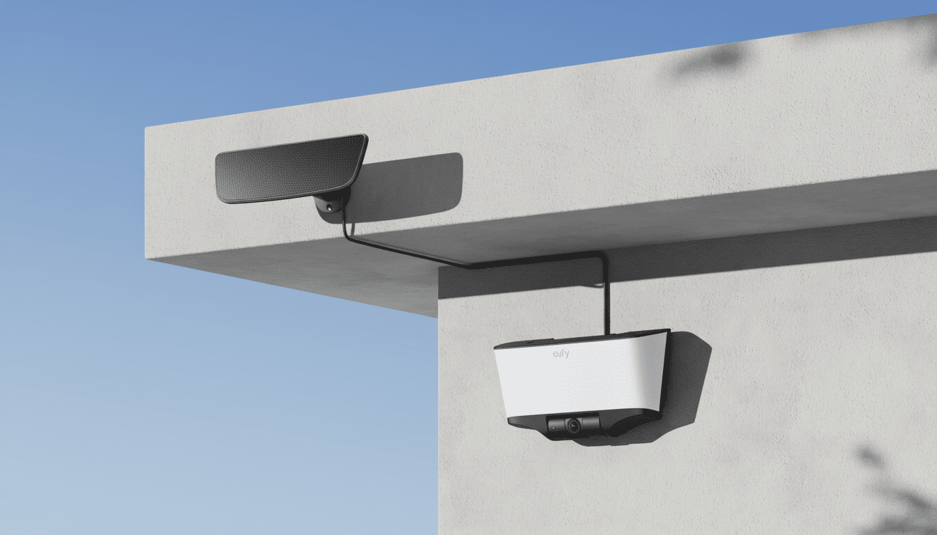 A white and black eufy security camera system mounted on a concrete wall against a clear blue sky.