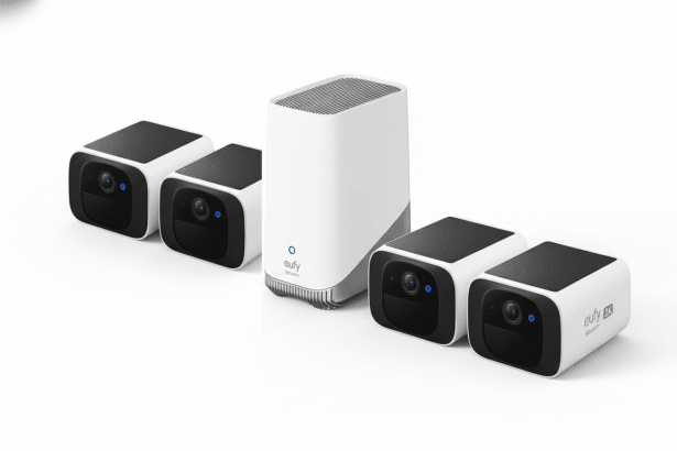 A white Eufy HomeBase 3 security system hub with four Eufy eufyCam 3 cameras, two on each side, all against a clean white background.
