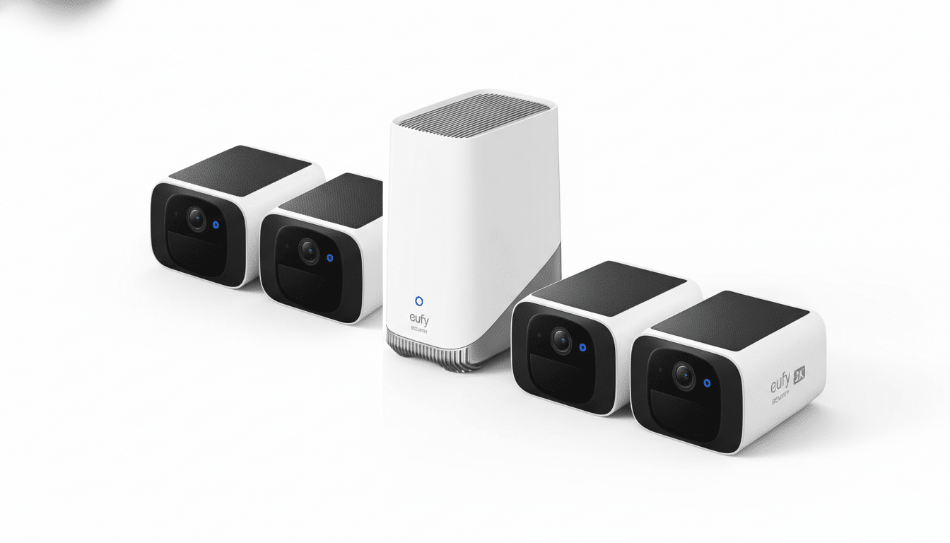 A white Eufy HomeBase 3 security system hub with four Eufy eufyCam 3 cameras, two on each side, all against a clean white background.